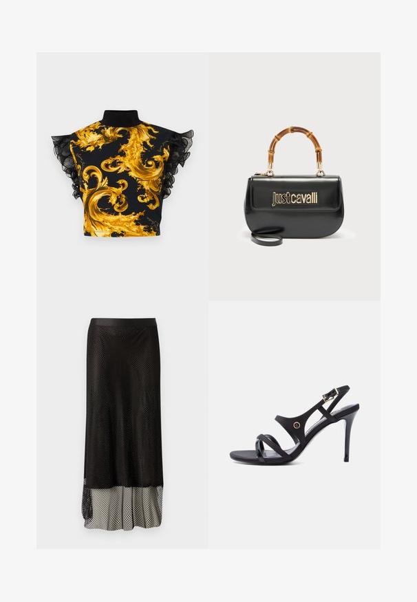 Zwarte cropped top met hoge hals, gouden barok swirl print en doorschijnende gerimpelde mouwen.; Zwarte mesh midi-rok met een aansluitende tailleband, open diamanten patroon en een flowy voering aan de onderkant voor extra beweging en textuur.; Zwarte sandaal met hoge hakken, dunne bandjes, een enkelgesp en een slanke naaldhak op een witte achtergrond.; Zwarte leren handtas met goudkleurig "Just Cavalli"-logo aan de voorkant en een gebogen bamboe handvat, voorzien van een afneembare lange riem.