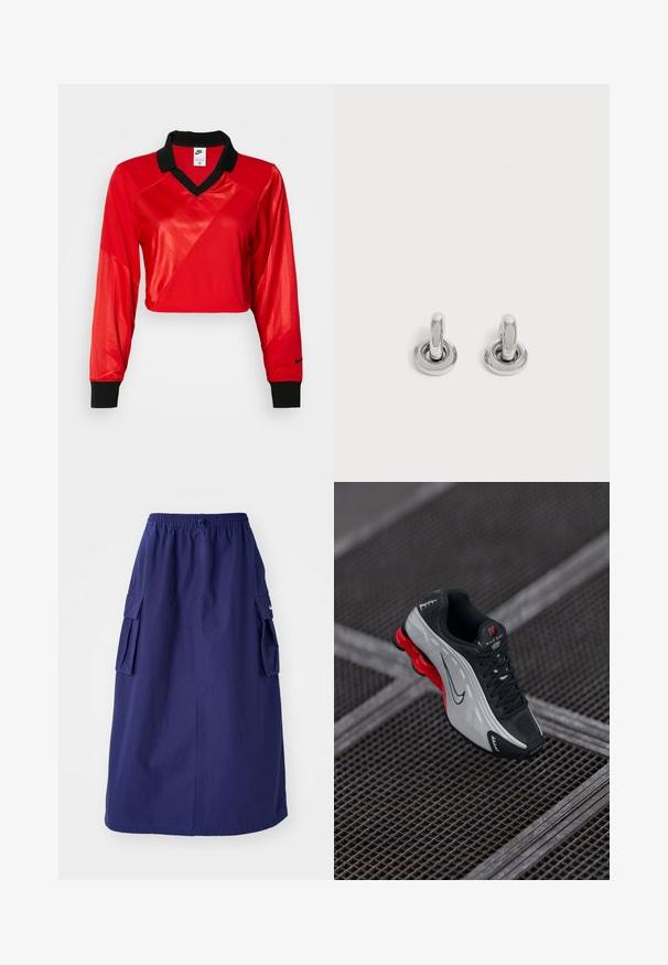 Rød crop sports top med sort krave, lange ærmer, der har et struktureret mønster og Nike-logo på ærmet. Glat og skinnende stof.; Marineblå, mellemlang nederdel med elastisk talje, der har to sidelommer og et minimalistisk logodesign. Glat stofstruktur.; Sort og grå atletisk sko med rød polstret sål, sorte snørebånd og swoosh-logo hvilende på metalgitteroverflade.; Par små, skinnende sølv hoops med rund base, vist på en ensfarvet lys baggrund.