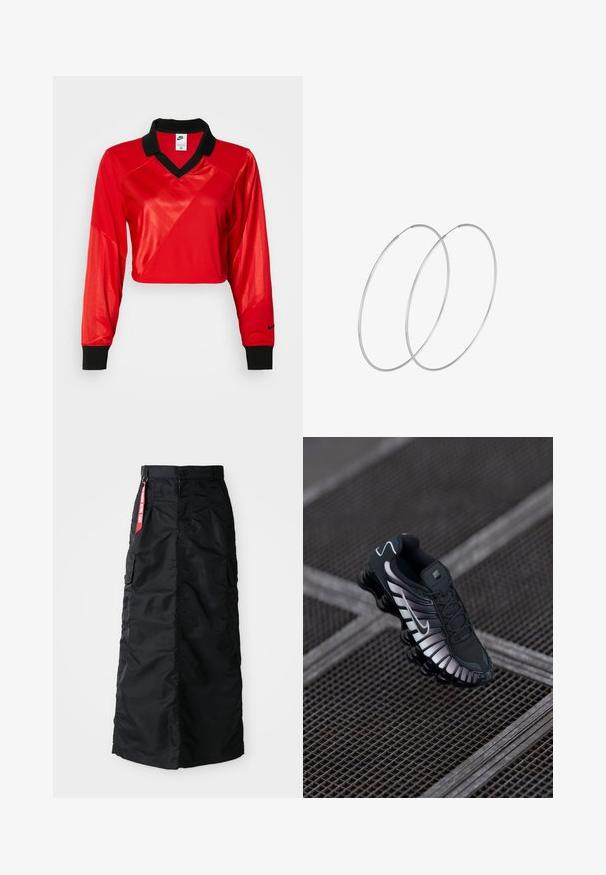 Top deportivo corto rojo con cuello negro, mangas largas, con un patrón texturizado y el logo de Nike en la manga. Tejido suave y brillante.; Falda larga negra con botones y cremallera en el frente, bolsillos laterales tipo cargo y una etiqueta de tela roja "Retirar antes del vuelo" en la cinturilla.; Zapatilla deportiva negra con parte superior de malla texturizada, acentos plateados, soporte para el arco y suela acolchada con un diseño segmentado distintivo.; Pendientes de aro plateados con un diseño minimalista. Forma circular, textura suave y perfil delgado. Livianos con un acabado pulido.