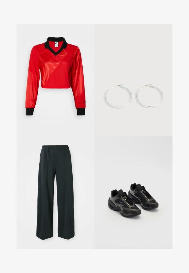 Rød crop sports top med sort krave, lange ærmer, der har et struktureret mønster og Nike-logo på ærmet. Glat og skinnende stof.; Sorte, brede atletiske bukser med elastisk talje. Lavet af glat, strækbart stof, med diskrete frontsyninger og ingen lommer.; Sorte sportssko lavet af syntetisk materiale med mesh-detaljer og afrundede såler. Har snørresystem og fremtrædende Nike-logo på tungen.; Par skinnende sølvøreringe med tynde trådlåse, vist på en lys grå baggrund.