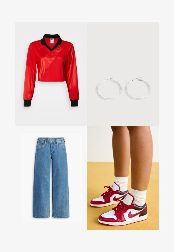 Červený skrátený športový top s čiernym golierom, dlhými rukávmi, s textúrovaným vzorom a logom Nike na rukáve. Hladká a lesklá látka.; Svetlomodré široké džínsy vyrobené z denimu, s vysokým pásom, piatimi vreckami a klasickým zapínaním na gombíky. Priame strih od stehna po lem.; Jordan AIR JORDAN 1 - Tenisky - white/gym red/black/sail; Pár lesklých strieborných kruhových náušníc s tenkými drôtenými zapínaniami, zobrazených na svetlo šedom pozadí.