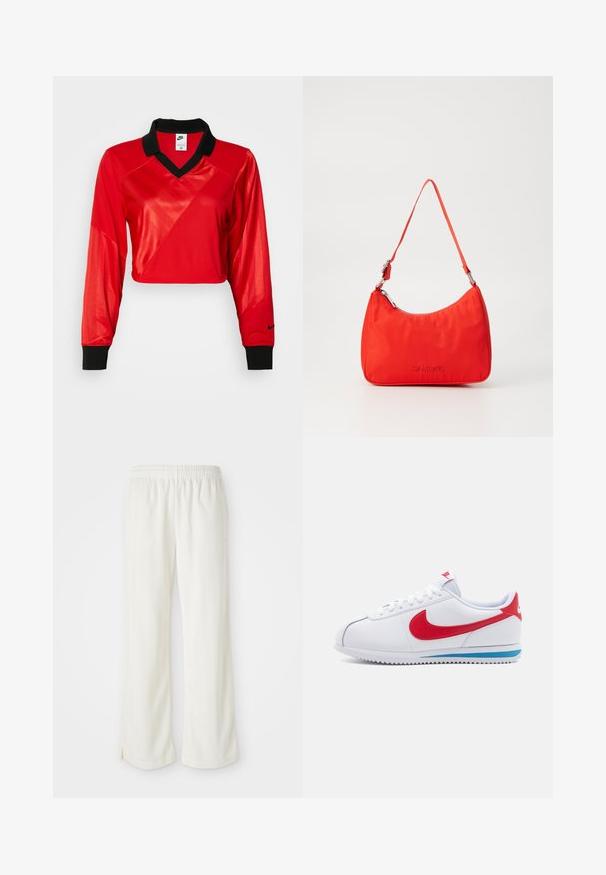 Rotes, kurzes Sporttop mit schwarzem Kragen und langen Ärmeln, das ein strukturiertes Muster und das Nike-Logo am Ärmel zeigt. Glattes und glänzendes Material.; Cremfarbene Hose mit einem weiten Bein-design, aus leichtem Material, mit vertikalen Streifen und einem elastischen Bund.; Weißer Sneaker mit rotem Swoosh, blauen Akzenten an der Sohle und weißen Schnürsenkeln. Strukturierte Oberseite mit gestickten Details. Klassisches Design.; Rote Nylon-Handtasche mit einer geschwungenen Silhouette, einem einzelnen Tragegurt, silbernem Beschläge und geprägtem Logodetail auf der Vorderseite. Glatte Textur.