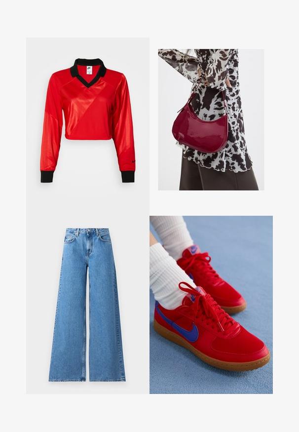 Rød crop sports top med sort krave, lange ærmer, der har et struktureret mønster og Nike-logo på ærmet. Glat og skinnende stof.; Vide ben blå denim jeans med høj talje, som har et klassisk fem-lomme design og syninger langs siderne for ekstra detalje.; Røde sportsko lavet af syntetisk materiale med blå accenter og en gummisål. Har snørebånd og et logo på tungen.; Kvinde iført en sort- og hvidmønstret bluse, der holder en blank rød skuldertaske mod en ensfarvet baggrund.