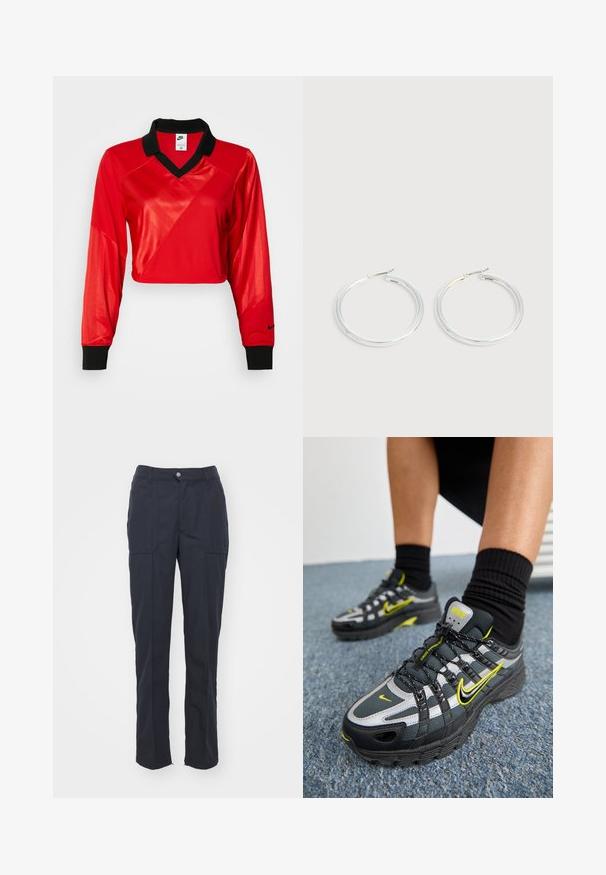 Top deportivo corto rojo con cuello negro, mangas largas, con un patrón texturizado y el logo de Nike en la manga. Tejido suave y brillante.; Pantalones oscuros de color marino con corte recto, que cuentan con dos bolsillos frontales, cierre de botón y una textura de tela suave.; Zapatillas deportivas en negro y gris con acentos reflectantes plateados, paneles de malla texturizada y detalles en amarillo brillante. Diseño con cordones y suela estructurada.; Pareja de pendientes de aro plateados brillantes con cierres de alambre delgado, mostrados sobre un fondo gris claro.