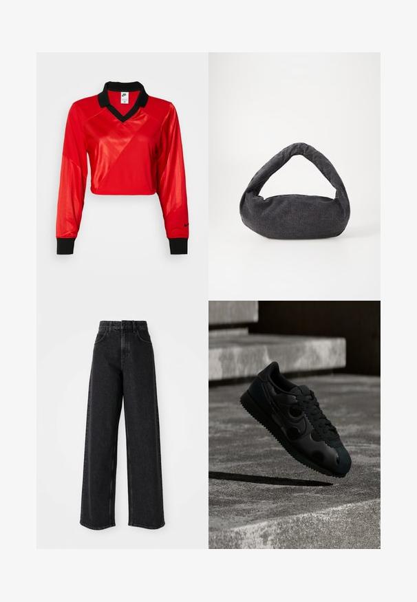 Rød crop sports top med sort krave, lange ærmer, der har et struktureret mønster og Nike-logo på ærmet. Glat og skinnende stof.; Sorte højtaljede brede bukser lavet af denim, præget af et klassisk fem-lomme design og subtile syninger.; Sort sneakersko med rillet sål og cirkulært detaljer på siden, svævende over en betonoverflade med trapper i baggrunden.; Mørkegrå stofpose med et buet håndtag, blød tekstur og rund form. Ingen synligt hardware eller pynt.
