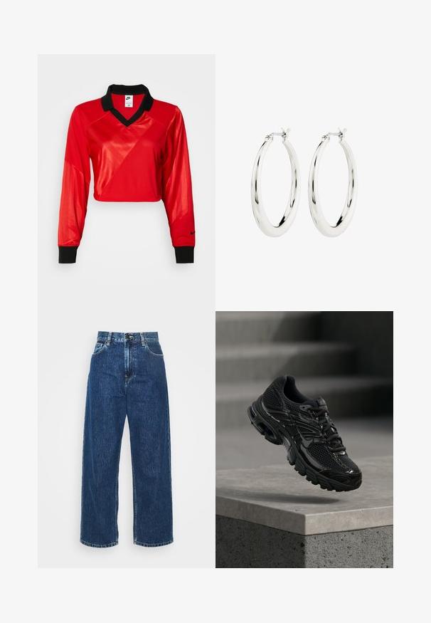 Rød crop sports top med sort krave, lange ærmer, der har et struktureret mønster og Nike-logo på ærmet. Glat og skinnende stof.; Lysblå denim brede ben jeans med høj talje, synlig syning og standard lommer. Har en knap- og lynlåslukning.; Sort Nike løbesko med mesh og syntetisk overdel, der svæver over en betonoverflade og trin i baggrunden.; Sølvøreringe i form af hoops med en glat, blank finish. Cirkulær form, der har en sikker lås. Simpelt og elegant design.