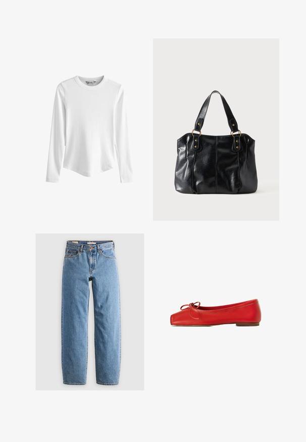 Top blanco de manga larga con textura acanalada, escote redondo y dobladillo ligeramente curvado, mostrado sobre un fondo blanco uniforme.; Jeans de mezclilla azul claro con un diseño de pierna recta, cinco bolsillos, cremallera y una textura sutilmente desgastada. Estilo clásico con un hardware mínimo.; Bailarinas de cuero rojo con punta cuadrada, lazo decorativo en la parte delantera y un tacón bajo y redondeado. Textura suave y diseño simple.; Bolso de cuero negro para el hombro con doble asa unida por anillas y remaches dorados, superficie lisa y ligeramente brillante, diseño sencillo.