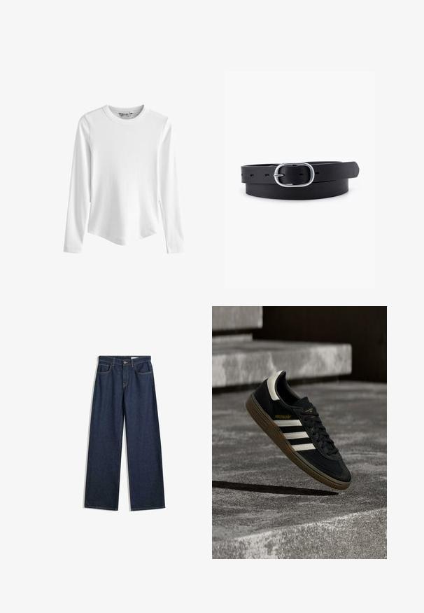 Hvid langærmet ribbet top med rund halsudskæring og let buet kant, vist mod en ensfarvet hvid baggrund.; Bredde ben mørke denimjeans med fem lommer, synlig syning og knaplukning. Har en lige pasform og let slid.; Sort Adidas-sneaker med hvide striber og gummisåler, svævende over grå betontrapper i naturligt lys.; Sort læderbælte med en glat overflade, oval sølvmetalspænde og flere justeringshuller langs stroppen. Flad, minimalistisk design.