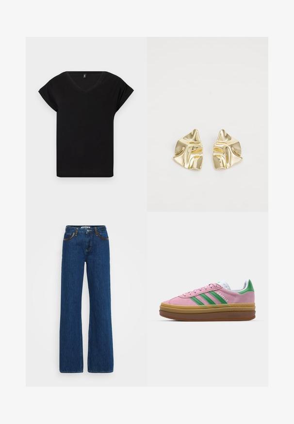 Sort kortærmet V-hals T-shirt med en afslappet pasform og en lille mærkat inde i halsudskæringen på en ens hvid baggrund.; Blå denim flared jeans med kontrastsyninger, fem-lomme design og lynlåslukning. Stoffet har en blød tekstur med let falming.; Lyserøde ruskindsneakers med grønne striber, hvide accenter og en brun gummisål. Har tekstureret stof og logodetaljer på siden.; Guldmetalløreringe med et bølget design; glat, reflekterende overflade; asymmetrisk form; ingen synlige mønstre eller hardware.