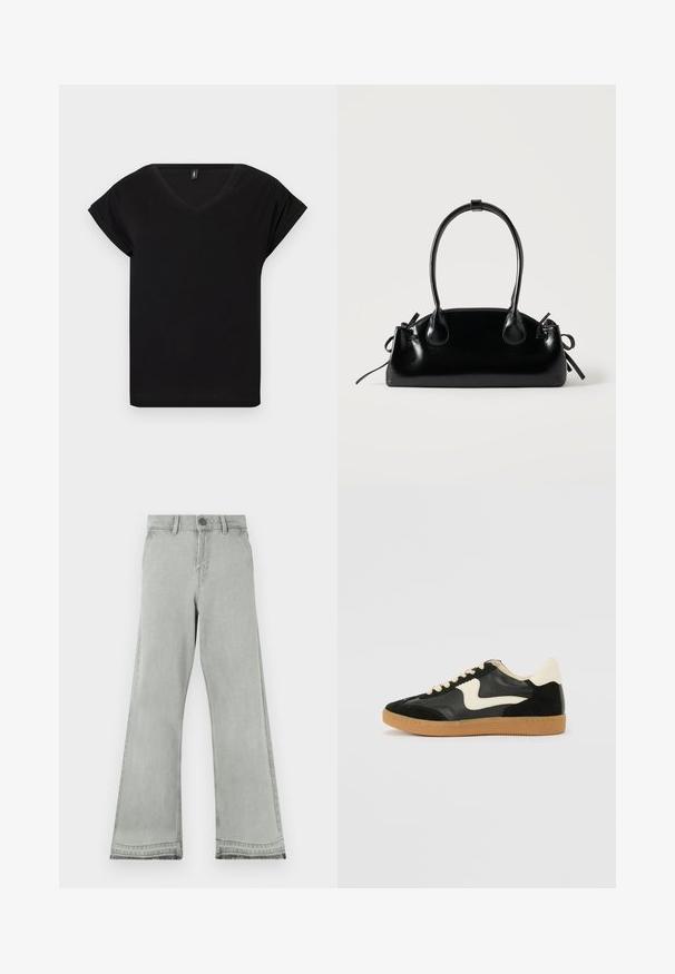 T-shirt noir à manches courtes avec col en V, coupe décontractée et petite étiquette à l'intérieur du col sur fond blanc uni.; Jean évasé gris clair en denim, doté d'une fermeture par bouton, d'une ceinture droite et d'une texture légèrement usée aux ourlets.; Baskets en daim et cuir noir avec un swoosh latéral crème et un talon crème clair. Dotées de lacets beige et d'une semelle en caoutchouc gomme.; Petit sac à main noir brillant avec deux longues anses et des détails à cordon sur les côtés sur un fond clair uni.