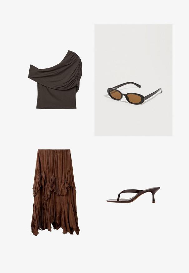 Haut noir asymétrique à épaules dénudées avec une seule manche longue et un tissu froncé et drapé sur un côté.; Jupe marron froissée avec un ourlet asymétrique et des détails de tissu superposés et drapés créant un effet texturé et fluide.; Sandale à talon en cuir verni noir avec bride entre les orteils et un talon petit kitten élancé de hauteur moyenne, vue de côté sur fond blanc.; Lunettes de soleil avec des verres ovales marron, monture en plastique noir et branches fines. Texture lisse avec un design minimaliste.