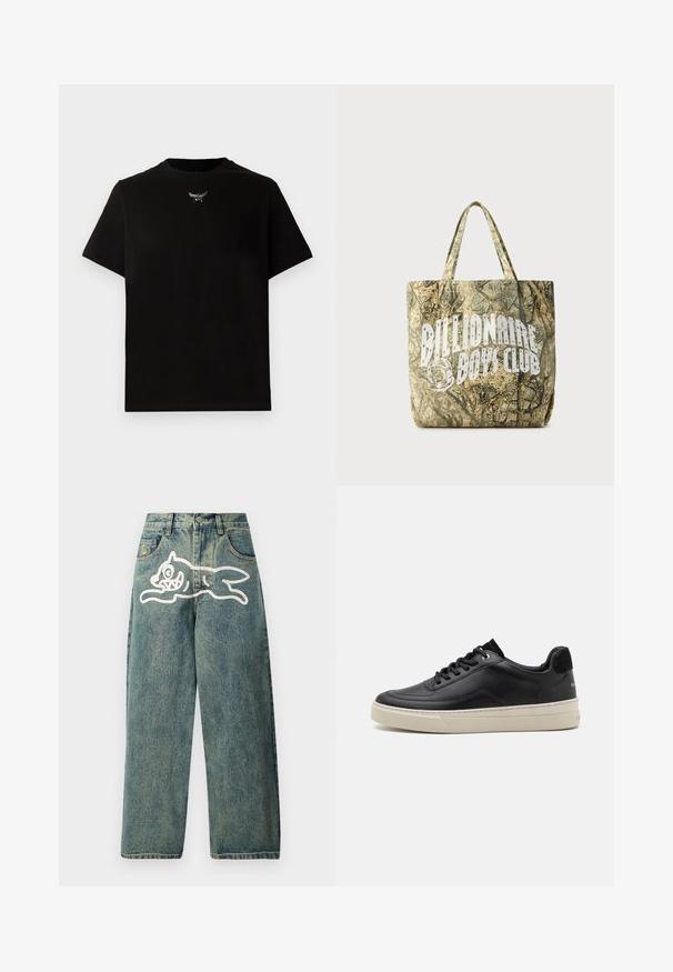 Sort bomulds T-shirt med korte ærmer, rund halsudskæring og en sølvlogo detalje på brystet. Glat tekstur og afslappet pasform.; Lyseblå denimjeans med en løs pasform, der har et stort hvidt kattegrafik på venstre ben og et traditionelt femlomme-design.; Sort lædersneaker med lav profil, der har en cremefarvet gummisål, rund tå og snøre-design, akkompagneret af en hæl i sort ruskind.; Camouflage-mønstret mulepose lavet af tekstureret stof med to håndtag. Fremviser en fremtrædende hvid logo på den ene side.