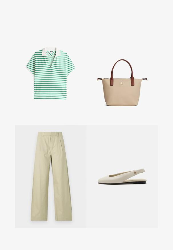 Polo shirt rayé en blanc et vert avec un col en V et des manches courtes. Présente un col blanc uni et des rayures horizontales de largeurs variées.; Pantalons larges en coton beige clair, présentant un devant plat avec des plis, des passants de ceinture et des ourlets à revers. Texture lisse et design décontracté.; Chaussure plate slingback en cuir couleur crème avec un bout arrondi et un petit emblème doré sur la bride.; Sac fourre-tout beige avec poignées marron, petit logo doré centré sous les poignées, et fermeture éclair en haut.