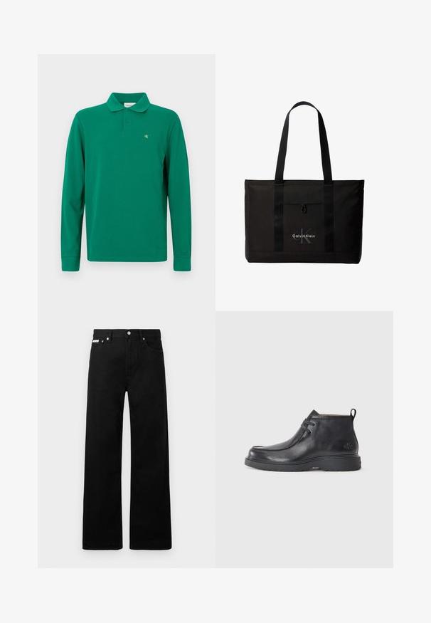 Grünes Langarm-Poloshirt aus Baumwolle mit einem klassischen Kragen, einer Zwei-Knopf-Leiste und einem kleinen gelben CK-Logo auf der Brust.; Schwarze Denim-Hose im weiten Bein-Design mit fünf Taschen und metallenen Knopfdetails. Glatte Textur, ohne sichtbare Muster.; Schwarze Leder-Stiefel bis zur Knöchel mit runder Zehenform, Schnürdesign und einer Ziehlasche auf der Rückseite. Strukturiertes Obermaterial und Gummisohle.; Schwarze Calvin Klein Tote-Tasche mit zwei langen Griffen und Fronttasche, mit dem Markenlogo in Weiß und Grau.