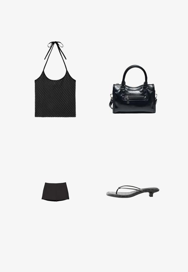 Top dos nu noir à pois blancs avec fines bretelles nouées au cou, sans manches avec un col rond.; Skort athlétique noir avec une taille ajustée et un ourlet court, conçu pour une tenue active avec un tissu lisse et extensible.; Sandale noire à petit talon avec fines brides croisées et bout carré, avec un motif crocodile faux texturé sur la semelle.; Sac à main en cuir noir brillant avec deux poignées, poche avant zippée et bandoulière amovible sur fond blanc.
