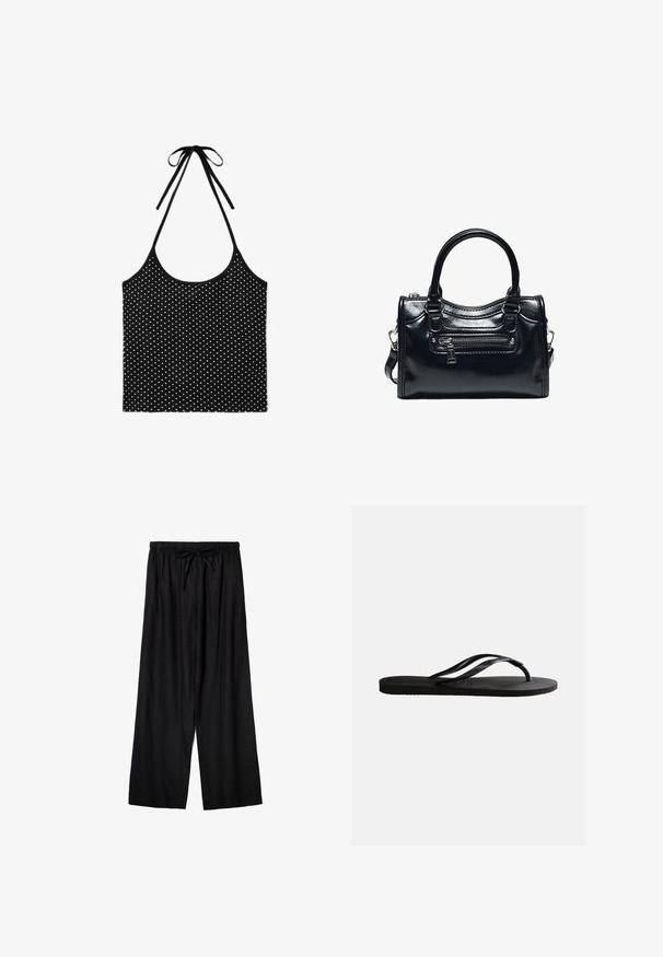 Top dos nu noir à pois blancs avec fines bretelles nouées au cou, sans manches avec un col rond.; Pantalon noir à jambes larges avec taille élastique et cordon de serrage à l'avant, en tissu léger.; Sandale tong en caoutchouc noir avec semelle texturée et fines brides en Y sur un fond blanc uni.; Sac à main en cuir noir brillant avec deux poignées, poche avant zippée et bandoulière amovible sur fond blanc.