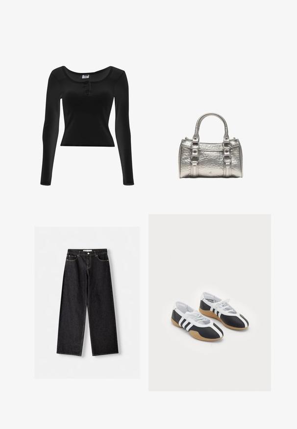 Schwarzes, langärmeliges, figurbetontes, geripptes Shirt mit Rundhalsausschnitt und dreiknöpfiger Blende in der vorderen Mitte.; Schwarze Jeans mit weitem Bein, Vordertaschen und silbernem Knopfverschluss, flach auf einem hellgrauen Hintergrund ausgelegt.; Schwarz-weiße Sportschuhe mit einem eleganten Design, Gummisohle, Schnürverschluss und drei weißen Streifen an den Seiten.; Kleine metallisch silberne Handtasche mit zwei Griffen, dekorativen Ringen und strukturierter Oberfläche, die auf weißem Hintergrund steht.