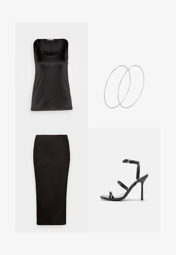 Anna Field by Zalando Top - black; Sort, knælange blyantskørt lavet af glat stof med elastisk talje, præget af et simpelt, minimalistisk design uden synlig hardware.; Sorte patentlæder højhælede sandaler med tre horisontale stropper og en justerbar ankelstrop. Elegant silhuet og skinnende finish.; Sølvøreringe med et minimalistisk design. Cirkulær form, glat tekstur og tynd profil. Letvægtige med en poleret overflade.