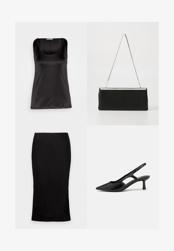 Anna Field Top - black; Sort, tætsiddende midi-nederdel med en glat tekstur, detaljer med sideslids og en klassisk talje. Designet til en elegant silhuet.; Sorte slingback hæle med spidse tæer, lavet af blankt materiale, med udskæringsdetaljer og en moderat hæl for støtte.; Sort læder clutch taske med en sølvmetal kædehåndtag og en slank rektangulær form. Mat tekstur og minimalistisk design med en metallisk accent.