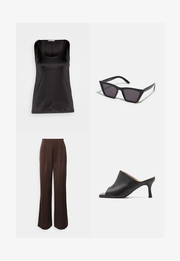 Anna Field by Zalando Débardeur - black; Anna Field by Zalando Pantalon classique - brown; Selected ASHLEY - Mules à talons - black; Lunettes noires angulaires avec des verres gris ; fabriquées en plastique, avec des branches épaisses à la surface lisse et sans matériel visible.