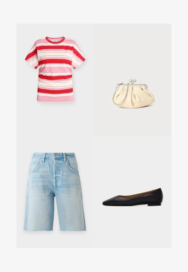 Modström URBANMD STRIPE T-SHIRT - Camiseta estampada - hibiscus peach stripe; Shorts de mezclilla de color azul claro con una cintura alta, cinco bolsillos y un dobladillo sin rematar. Textura suave y corte clásico, adecuados para un uso casual.; Zapato plano de punta puntiaguda de cuero negro con tacón bajo y acabado liso, mostrado de perfil sobre un fondo gris claro.; Clutch de cuero beige plisado con un marco de metal plateado, que cuenta con dos broches decorativos redondos y una correa de cadena plateada.