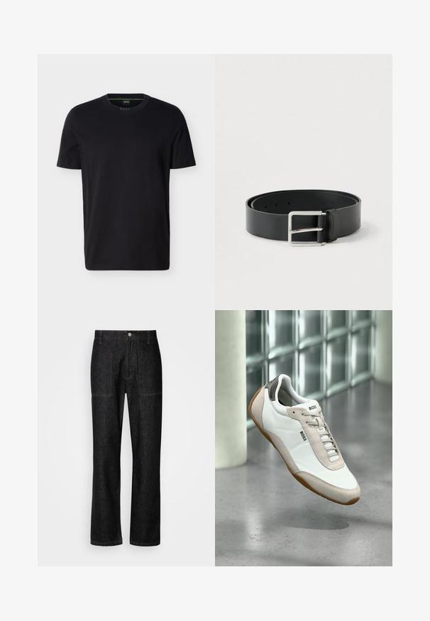 Schwarzes T-Shirt mit kurzen Ärmeln und Rundhalsausschnitt, mit einem kleinen grünen "BOSS"-Etikett im Kragen.; Schwarze Jeans mit geradem Bein, sichtbaren Nähten und einem Frontknopfverschluss. Enthält zwei Seitentaschen und zwei Gesäßtaschen.; Weißer und beiger BOSS-Sneaker mit brauner Sohle, der über einem polierten Betonboden vor einer Glassteinwand schwebt.; Schwarzer Ledergürtel mit glatter Oberfläche, ausgestattet mit einer rechteckigen silbernen Metallschnalle und mehreren Einstelllöchern.
