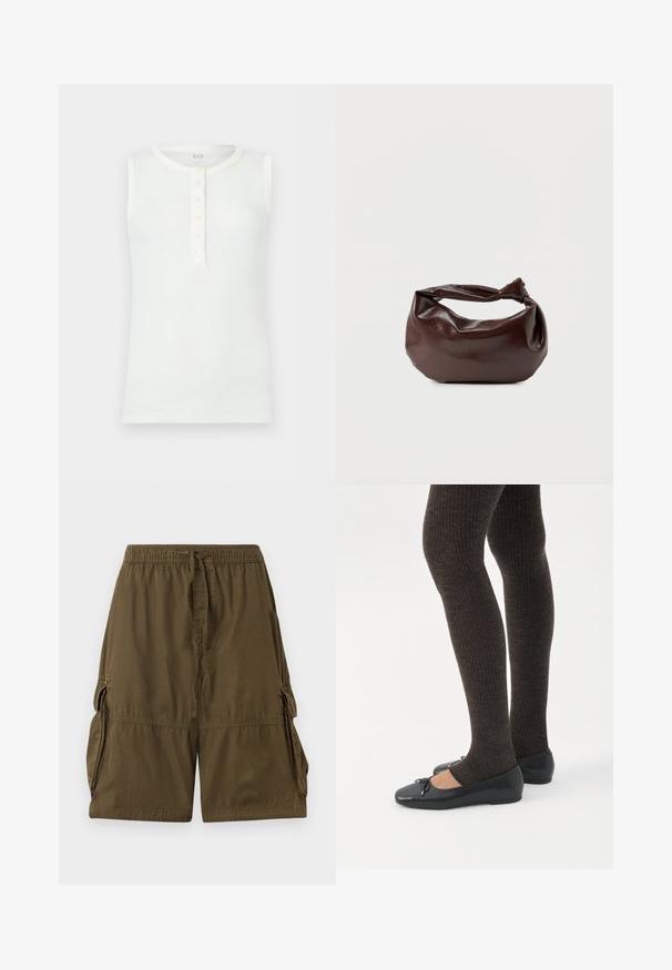 Witte mouwloze geribbelde katoenen top met ronde halslijn en vijfknopensluiting aan de voorkant, plat neergelegd op een lichte achtergrond.; Olijfgroene cargoshorts van lichtgewicht stof. Voorzien van een elastische tailleband, trekkoord en twee zijvakjes.; Benen met donkere geribbelde leggings gecombineerd met zwarte ballerina's met kleine strikdetails op een witte achtergrond.; Donkerbruine leren schoudertas met een zachte, slungelige vorm en een gedraaide knoopvormige handgreep op een effen witte achtergrond.