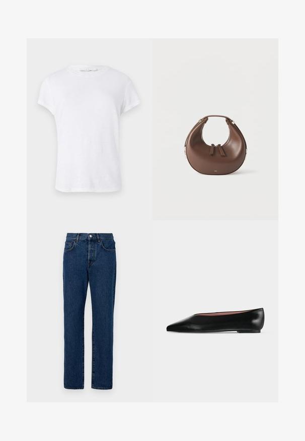 Hvid kortærmet t-shirt med rund halsudskæring, lavet af letvægtsstof, med et simpelt og rent design uden udsmykninger.; Mørkeblå denimjeans med klassisk lige benudskæring, fem lommer og synlig syning. Stoffet har en let struktur.; Sort damesko i læder med flad hæl og spids tå, vist fra siden på en ensfarvet lys grå baggrund.; Brun læderhåndtaske i halvmåneform med en øverste hank og to lynlås-dragere på en hvid baggrund.