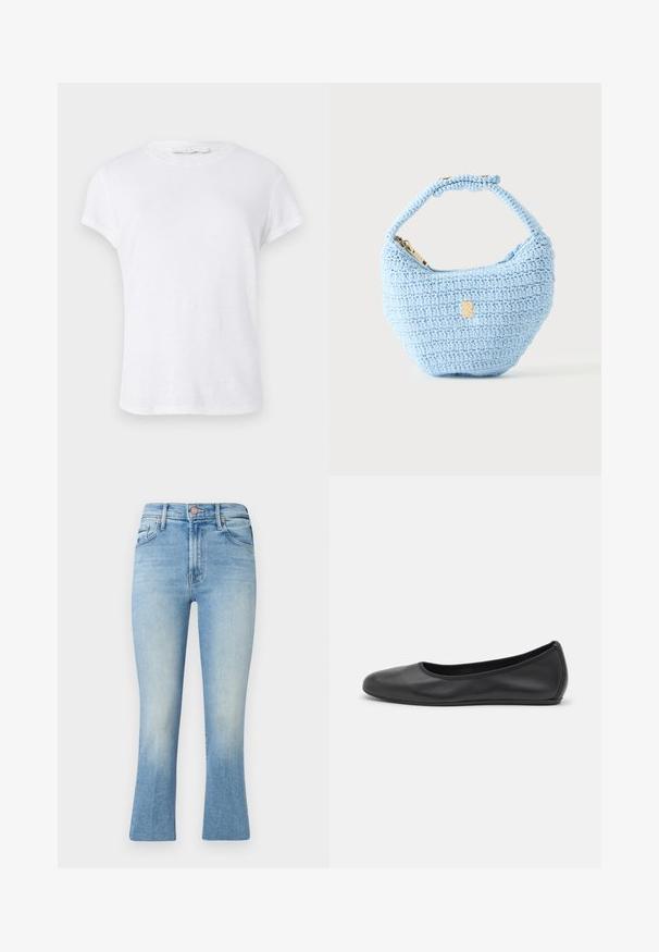 Weißes T-Shirt mit kurzen Ärmeln und rundem Halsausschnitt, aus leichtem Stoff gefertigt, mit einem einfachen, schlichten Design ohne Verzierungen.; Hellblaue Jeans mit hoher Taille, ausgestelltem Bein und subtilen Verwaschungen. Mit klassischen Taschen und einem Metallknopfverschluss.; Schwarze Leder-Ballettschuhe mit abgerundeter Spitze, glatter Textur, minimalen Nähdetails und einem flexiblen Sohlen-Design.; Kleine hellblaue gehäkelte Handtasche mit kurzem Riemen und goldenem Reißverschluss, vor einfachem hellem Hintergrund präsentiert.
