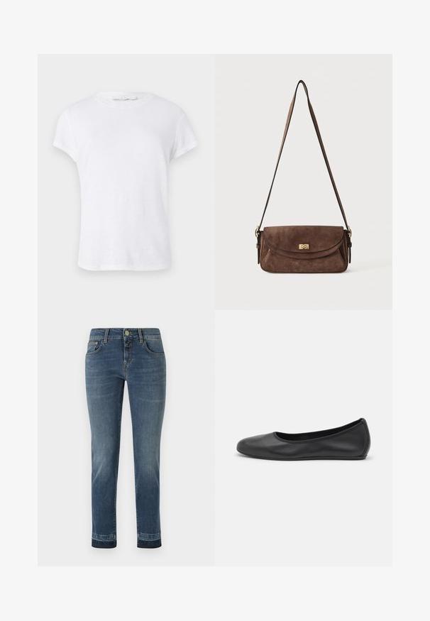 Witte t-shirt met korte mouwen en een ronde hals, gemaakt van lichte stof, met een eenvoudig, strak ontwerp zonder versieringen.; Donkerblauwe denim jeans met een rechte pijp, voorzien van een klassieke knoopsluiting en vijf zakken. Lichte vervaging op de dijen.; Zwarte leren ballerina met een ronde neus, gladde textuur, minimale stikdetails en een flexibele zoolontwerp.; Bruine suède schoudertas met een lange verstelbare band en een gouden draaisluiting op de voorflap.