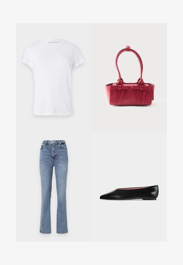 Hvid kortærmet t-shirt med rund halsudskæring, lavet af letvægtsstof, med et simpelt og rent design uden udsmykninger.; Højtaljede blå denimjeans med lige ben, der har en klassisk fem-lomme stil og subtile stikninger.; Sort damesko i læder med flad hæl og spids tå, vist fra siden på en ensfarvet lys grå baggrund.; Rød læderhåndtaske med to top-håndtag, dekorative sløjfer foran og en tag på siden mod en hvid baggrund.