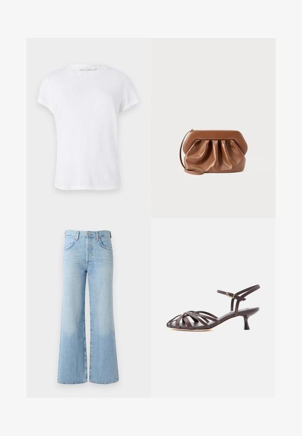 Witte t-shirt met korte mouwen en een ronde hals, gemaakt van lichte stof, met een eenvoudig, strak ontwerp zonder versieringen.; Lichtblauwe flared jeans van denim met een hoge taille, vijf zakken en subtiele vervaging bij de zoom. Voorzien van een standaard tailleband en knoopsluiting.; Donkerbruine leren sandaal met bandjes en kitten heel, verstelbare gesp rond de enkel, op witte achtergrond.; Bruine leren clutch met geplooide details, een gestructureerd frame, polsbandje en een gouden ritssluiting op een effen lichte achtergrond.