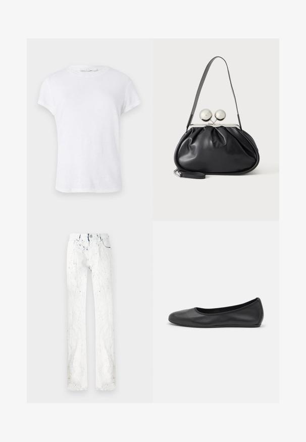 Hvid kortærmet t-shirt med rund halsudskæring, lavet af letvægtsstof, med et simpelt og rent design uden udsmykninger.; Hvide jeans med en struktureret finish, prydet med blå sprøjt, lige ben, frontlommer og en bæltesløjfe på taljen.; Sort læderballetsko med rund tå, glat tekstur, minimal syning og et fleksibelt såldesign.; Sort læderhåndtaske med opsamlet design, en enkelt rem, sølv metalramme og to store runde sølv lukninger.
