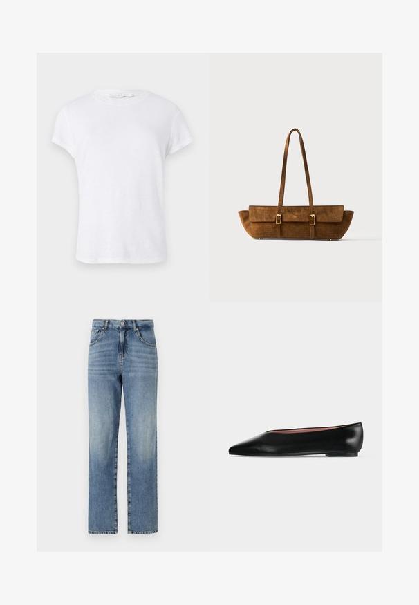 Hvid kortærmet t-shirt med rund halsudskæring, lavet af letvægtsstof, med et simpelt og rent design uden udsmykninger.; Lyst blå denim jeans med et lige ben design, der har fem lommer, knap- og lynlåslukning samt minimal falming på stoffet.; Sort damesko i læder med flad hæl og spids tå, vist fra siden på en ensfarvet lys grå baggrund.; Brun håndtaske i krokodilleteksturlæder med to frontspænder og lange skulderstropper på en ensfarvet baggrund.