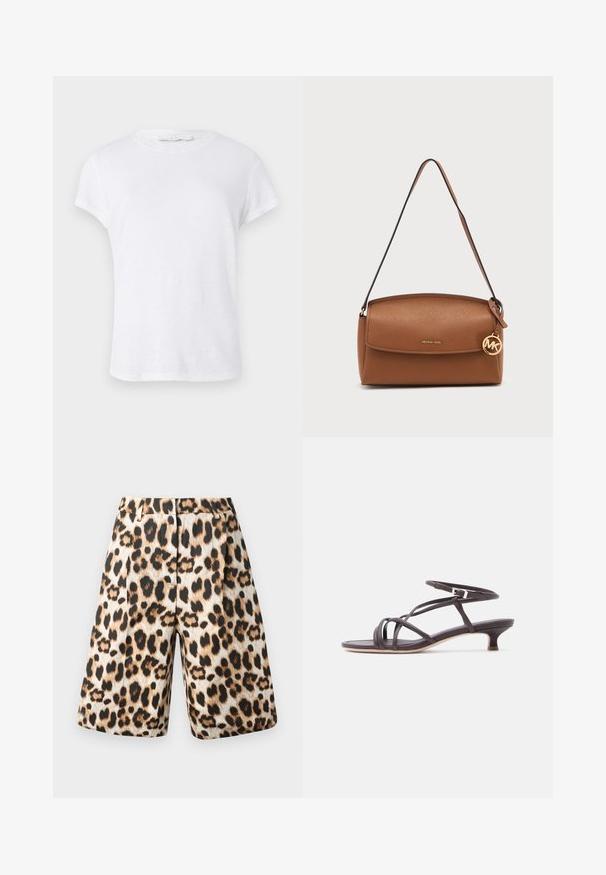 Hvid kortærmet t-shirt med rund halsudskæring, lavet af letvægtsstof, med et simpelt og rent design uden udsmykninger.; Shorts med leopardprint, der har en blanding af beige og sorte nuancer, plisseret design og sidelommer. Fremstillet af glat stof med en shiny finish.; Brune sandaler med stropper og lav, flad kittenhæl, lavet af glat materiale, med flere krydsede stropper og en spænde-lukning.; Brun skuldertaske i læder med klaplukning, tynd strop og rund gylden Michael Kors-logo vedhæng hængende fra siden.