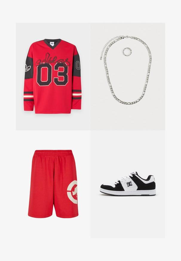 Maillot de sport à manches longues rouge et noir avec le numéro "03" en grands chiffres, logo Adidas sur les manches, et texte en style signature sur la poitrine.; Shorts rouges en coton avec une taille élastique, présentant un grand design graphique blanc sur la jambe gauche et une texture lisse.; Basket noir et blanc avec une combinaison de cuir et de suède, présentant un bout perforé, des accents texturés et un détail de logo.; Ensemble de bijoux en argent massif comprenant un collier à chaîne épaisse avec un fermoir à homard et une bague texturée assortie. Les deux pièces sont brillantes et métalliques.