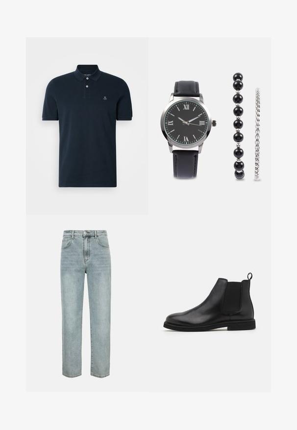 Polo shirt bleu marine en coton, doté d'un col à trois boutons et d'un logo brodé sur la poitrine. Manches courtes et texture lisse.; Jean bleu clair taille haute à jambes droites avec bouton et fermeture éclair à l'avant, passants pour ceinture, poches avant et arrière sur fond blanc.; Bottines Chelsea en cuir noir avec panneaux élastiques sur les côtés et une languette. Bout arrondi et semelle en caoutchouc plate, mettant en valeur une finition lisse.; Montre avec un bracelet en cuir noir, boîtier rond en argent, cadran noir, chiffres romains ; accompagnée de deux bracelets, un en perles noires et un en chaîne argentée.