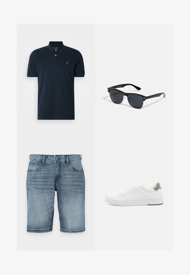 Marineblaue Poloshirt aus Baumwolle, mit einer Knopfleiste mit drei Knöpfen und gesticktem Logo auf der Brust. Kurzärmlig und mit glatter Textur.; Denim-Shorts in heller blauer Waschung, mit einem klassischen Fünf-Taschen-Design, gestickten Details und einem geraden Bein mit einem gesäumten Abschluss.; Weißer Sneaker aus glattem Leder, runde Zehenpartie, minimalistisches Design, graue Fersenkante und strukturierte Gummisohle.; Schwarze Sonnenbrille mit rechteckiger Form, dunklen Gläsern, silbernen Akzenten an den Bügeln und mattierter Oberfläche des Rahmens.
