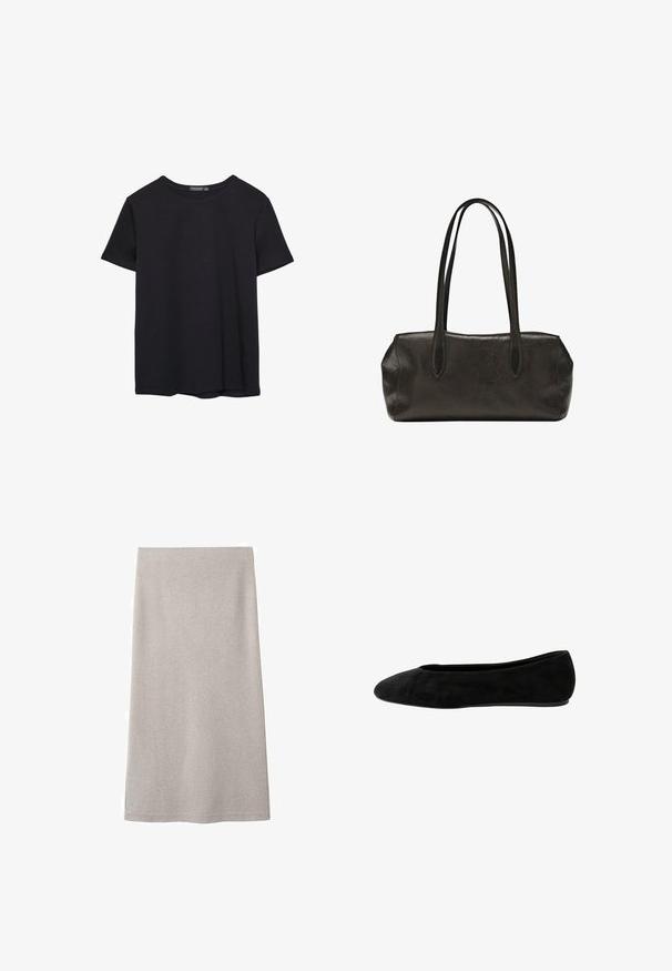 T-shirt en coton noir à manches courtes, col rond, présenté sur un fond blanc.; Jupe droite beige jusqu'aux genoux avec une texture simple et lisse, sans motifs ni embellissements visibles.; Ballerine en suede noire avec un bout rond, texture lisse, talon bas et design simple sans embellissements.; Sac à main rectangulaire en cuir noir avec longues bretelles doubles et finition texturée, présenté sur un fond blanc uni.