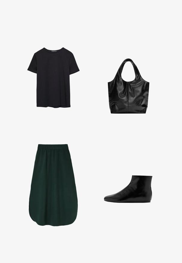 T-shirt en coton noir à manches courtes, col rond, présenté sur un fond blanc.; Jupe vert foncé en tissu doux, avec une taille élastique et une coupe fluide avec un ourlet arrondi. Aucun motif ni élément visible.; Bottine en cuir noir avec une surface lisse, semelle plate, bout rond et un design minimaliste.; Sac fourre-tout en cuir noir avec une texture lisse, un haut arrondi doux et de larges poignées. Présente une couture minimale et une silhouette décontractée.