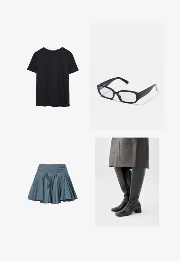 Simpel sort kortærmet bomulds T-shirt med rund hals, præsenteret på en hvid baggrund.; AllSaints TULIP - A-snit nederdel - dark slate blue; Knæhøje sorte læderstøvler med firkantet tå, skråt stillet blokhæl og en sidesyning; glat tekstur og tætsiddende design.; Brune skildpadde-rektangulære briller med klare linser og slanke arme, der viser en glat tekstur og minimalistisk design.