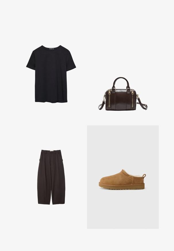 T-shirt en coton noir à manches courtes, col rond, présenté sur un fond blanc.; Pantalons larges noirs en tissu lisse, avec une taille haute, des plis avant et des poches latérales. Design simple sans embellissements.; Chaussure mocassin en suède marron avec une douillette doublure en fourrure blanche, semelle plate en caoutchouc, bout arrondi et petite languette au talon.; Sac à main en cuir marron foncé avec deux zips dorés à l'avant, deux poignées et une bandoulière amovible.