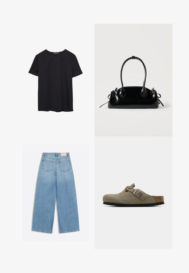 Simpel sort kortærmet bomulds T-shirt med rund hals, præsenteret på en hvid baggrund.; Lyseblå vidbenede jeans med to baglommer og et lille beige mærke på linningen.; Suede træsko i lys olivengrøn med en formet kork- og gummisål. Har en side rem med en metal spænde og en rund tå.; Lille sort blank håndtaske med to lange håndtag og snøre-detaljer i siden på en ensfarvet lys baggrund.