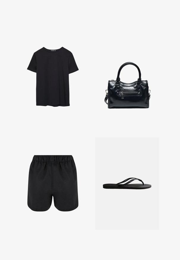 T-shirt en coton noir à manches courtes, col rond, présenté sur un fond blanc.; Shorts noirs avec une taille élastique. Tissu doux, design simple et ourlet légèrement arrondi en bas. Pas de motifs ou de logos visibles.; Sandale tong en caoutchouc noir avec semelle texturée et fines brides en Y sur un fond blanc uni.; Sac à main en cuir noir brillant avec deux poignées, poche avant zippée et bandoulière amovible sur fond blanc.