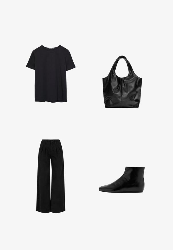 T-shirt en coton noir à manches courtes, col rond, présenté sur un fond blanc.; Pantalon noir taille haute à jambes larges avec plis devant, fermeture à boutons et passants pour ceinture, présenté sur fond blanc.; Bottine en cuir noir avec une surface lisse, semelle plate, bout rond et un design minimaliste.; Sac fourre-tout en cuir noir avec une texture lisse, un haut arrondi doux et de larges poignées. Présente une couture minimale et une silhouette décontractée.
