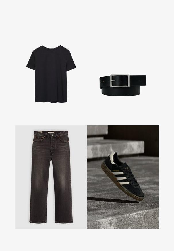 Einfaches schwarzes T-Shirt aus Baumwolle mit kurzen Ärmeln und Rundhalsausschnitt, auf einem weißen Hintergrund dargestellt.; Schwarze Jeans aus Denim mit geradem Bein. Verfügt über kupferne Nieten und Taschen. Glatte Textur und leicht verwaschene Optik.; Schwarzer Adidas-Sneaker mit weißen Streifen und Gummisohle schwebt über grauen Betonstufen im natürlichen Licht.; Schwarzer Ledergürtel mit silberner rechteckiger Schnalle und mehreren Verstelllöchern, flach auf weißem Hintergrund liegend.