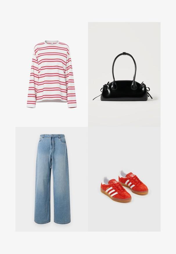 Chemise blanche à manches longues avec des rayures horizontales rouges et rose clair, col rond et coupe décontractée.; Jean large en denim bleu clair avec taille haute, comportant des poches avant, une ceinture à nouer et une texture délavée.; Baskets en daim rouge avec rayures blanches, semelle en gomme, col rembourré et logo sur la languette. Design classique avec une tige texturée.; Petit sac à main noir brillant avec deux longues anses et des détails à cordon sur les côtés sur un fond clair uni.