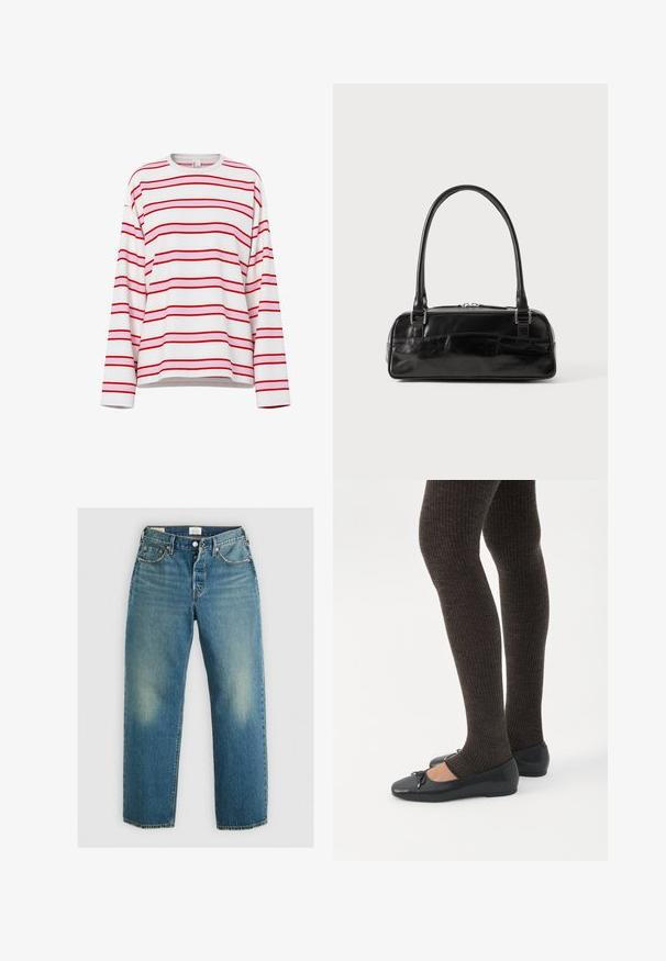 Pitkähihainen valkoinen paita, jossa vaakasuorat punaiset ja vaaleanpunaiset raidat, pyöreä pääntie ja rento istuvuus.; Levi's® 501® '90S ANKLE - Straight leg -farkut - blank slate; Jalat, joissa tummat ribbineuleiset leggingsit yhdistettynä mustiin balettitossuihin, joissa on pienet rusettikoristeet valkoisella taustalla.; Musta nahkainen käsilaukku suorakulmaisen muotoisena, jossa on yksi rakenteellinen kahva, hopeiset yksityiskohdat ja vetoketjukiinnitys. Suuri tekstuuri.
