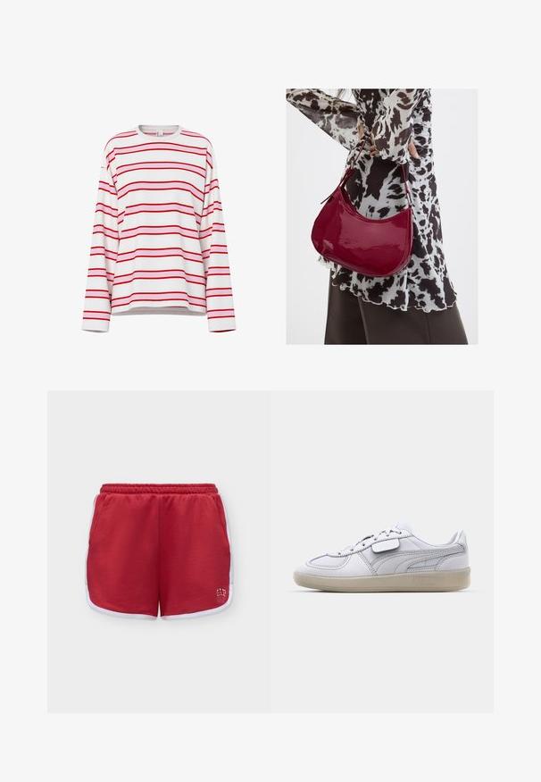 Chemise blanche à manches longues avec des rayures horizontales rouges et rose clair, col rond et coupe décontractée.; Short de sport rouge avec bordure blanche, taille élastique, poches latérales et petit logo blanc sur la partie inférieure de la jambe droite.; Baskets blanches en cuir avec des accents gris, fermeture à lacets et semelle en caoutchouc texturée. Présente un logo bien en vue sur le côté.; Femme portant un chemisier à motif noir et blanc tenant un sac à main rouge brillant sur un fond uni.