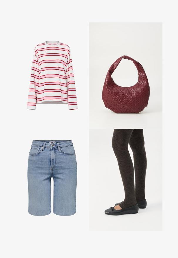Chemise blanche à manches longues avec des rayures horizontales rouges et rose clair, col rond et coupe décontractée.; Shorts en denim bleu clair avec poches avant, passants pour ceinture, un bouton en métal et une braguette zippée.; Jambes portant des leggings côtelés foncés associés à des ballerines noires avec de petits détails en nœud sur fond blanc.; Sac à main tissé bordeaux avec une silhouette arrondie, une seule poignée et une finition texturée. Fermeture zippée en haut.